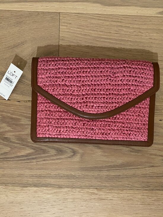 LOFT Handbags - Loft Pink Raffia Clutch w Brown Trim Detail NWT